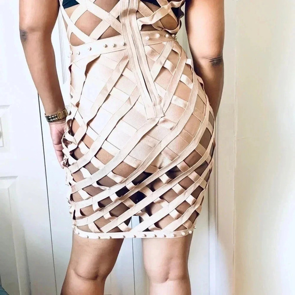 FASHION NOVA BANDAGE SEXY DRESS  TAN COLOR MEDIJM - Picture 6 of 16